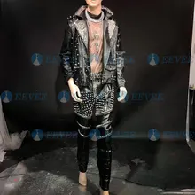 Кожаная куртка с заклепками для ночного клуба, DJ, певица, панк-рок, штаны, сценический костюм, мотоциклетные байкерские куртки, мужские винтажные повседневные пальто