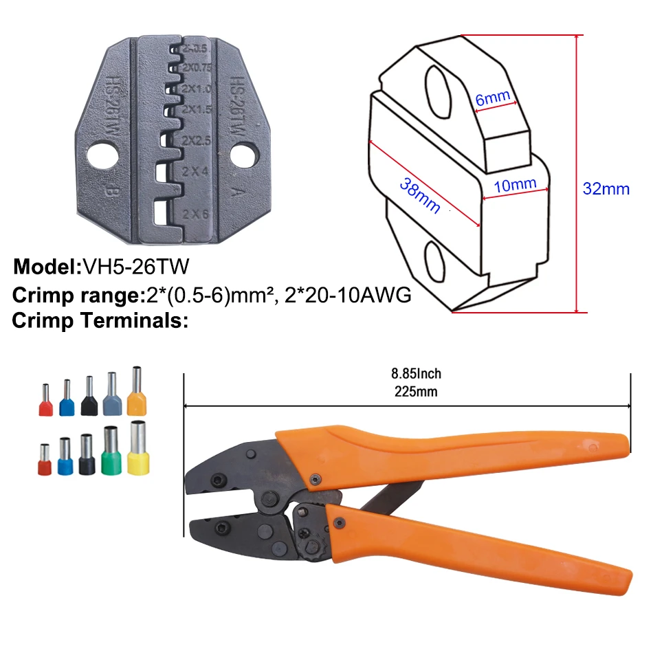 Обжимной инструмент 225 мм трещотка провода щипцы и сменные штампы для термоусадочных разъемов неизолированные наконечники - Цвет: 26TW