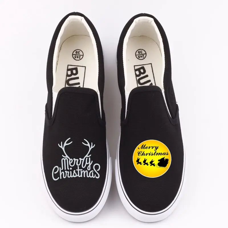

E-LOV Merry Christmas Letter Printed Casual Canvas Shoes Women Loafers Customize Design Father Christmas Slip-On Lazy Shoes