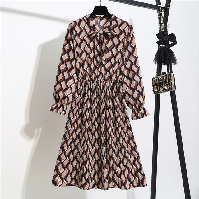 US $9.97 New Spring summer Dress Women Elastic Waist Vintage Chiffon Pleated yellow black Floral Bow Long Sl