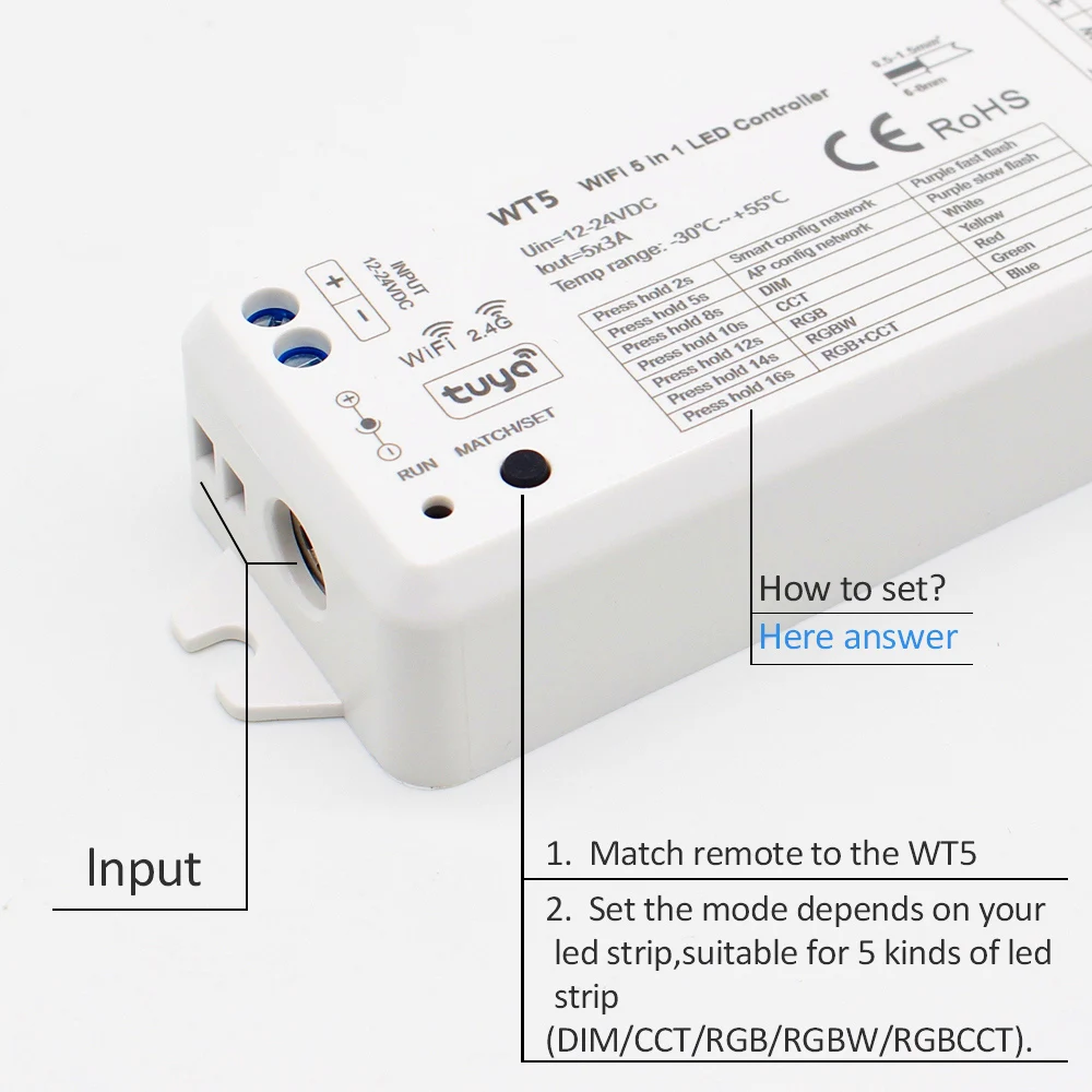 MJJC Tuya Smart Life LED RGBCCT Controller DC 12V 24V 5 in 1 Dimmer 2.4G RF Wireless Remote LED Strip Light work with Alice WT5