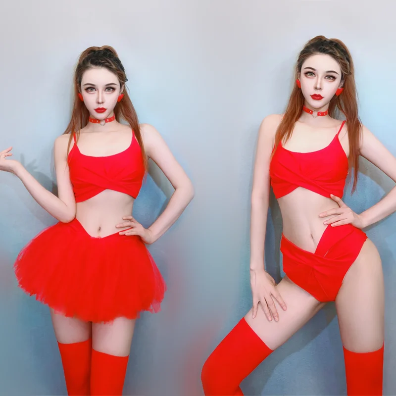 

Новый костюм для танца шеста, сценический костюм для выступления, женский ночной клуб, певец, сценическое выступление, красный костюм, юбка-пачка, джазовые наряды DQL6567