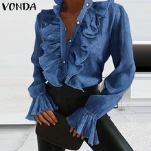 Elegant Women Blouse Shirts Demin Office Ladies Tops 2021 VONDA Casual Long Sleeve Lapel Neck Party Shirts WomenTunic Blusas