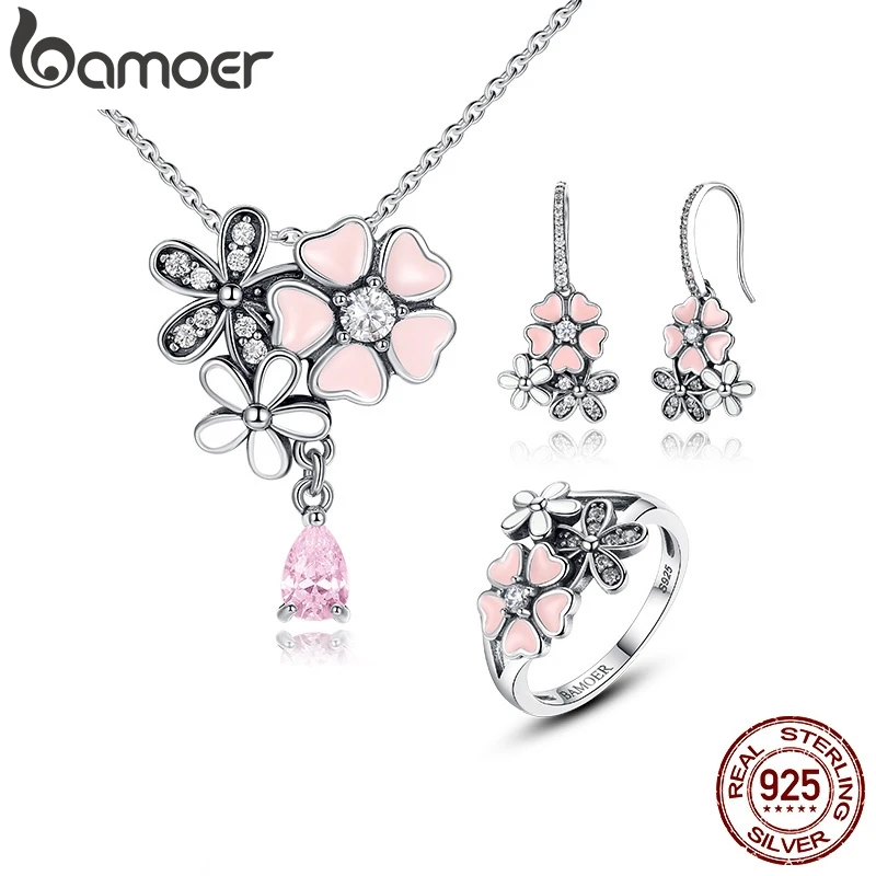 Ceny BAMOER 100% 925 srebro różowy kwiat poetycki Daisy Cherry Blossom biżuteria dla nowożeńców zestawy ślubne biżuteria zaręczynowa ZHS028