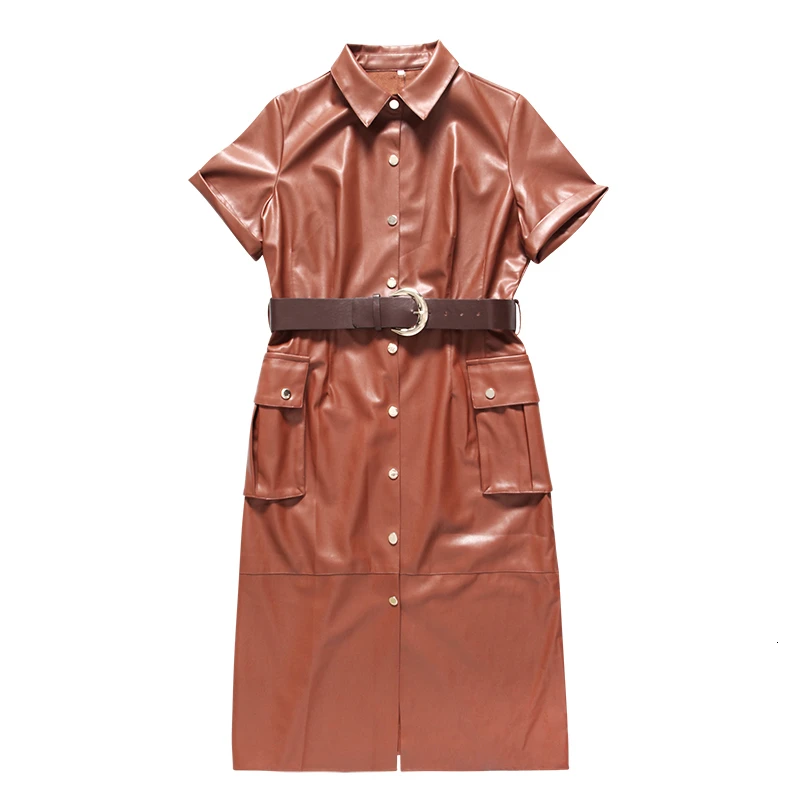 CHICEVER PU Leather Dress For Women Lapel Collar Short Sleeve High Waist Sashes Female Dresses Autumn Fashion New Clothes
