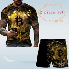 

Summer Gold Coins 3D T-shirt Printing Men's Shirt Street Fashion Shorts Two-piece Suit European Hip-Hop Beach Pants Set
