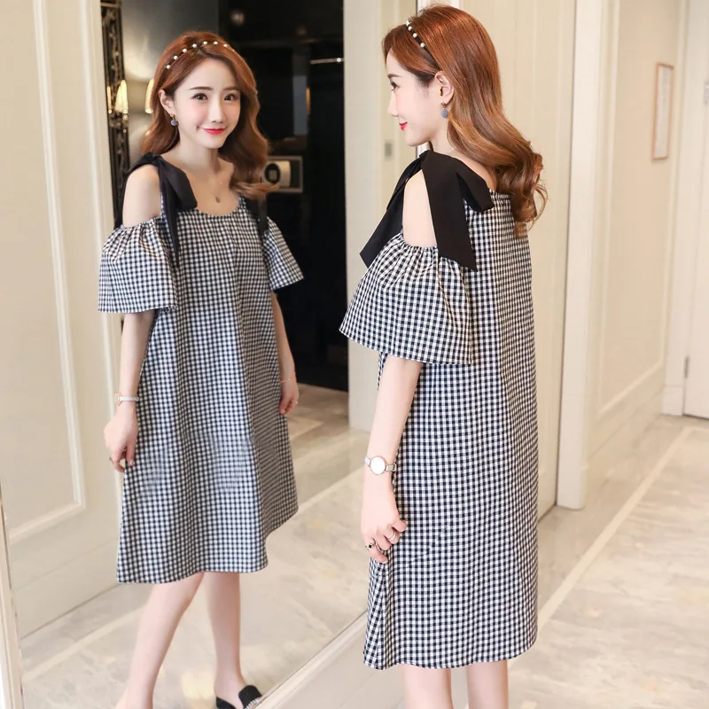 

Maternity Clothes 2019 Summer New Style Fashion Plaid off-Shoulder A- line Skirt Bow Pregnant Women Dress