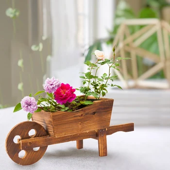 

Garden Decor Cartoon Cart Succulents Plant Container Wood Flower Pot Rustic Villa Patio Planter Ornamental Bonsai Free Standing