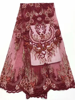 

(5yards/pc) high quality handcut African double organza lace fabric wine red with fancy sequins embroidery for party dress FR321