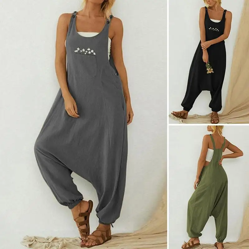 ZANZEA Summer Women Jumpsuits Solid Casual Loose Harem Playsuits O-Neck Embroidery Overalls Front Pockets Sleeveless Rompers 5XL ZANZEA Summer Women Jumpsuits Solid Casual Loose Harem Playsuits O-Neck Embroidery Overalls Front Pockets Sleeveless Rompers 5XL