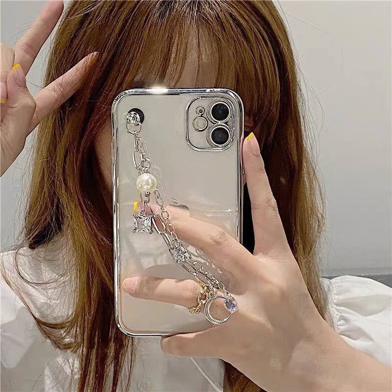 Elegant Bling Crystal Wrist Chain Phone Case with 6D Plating Pearls