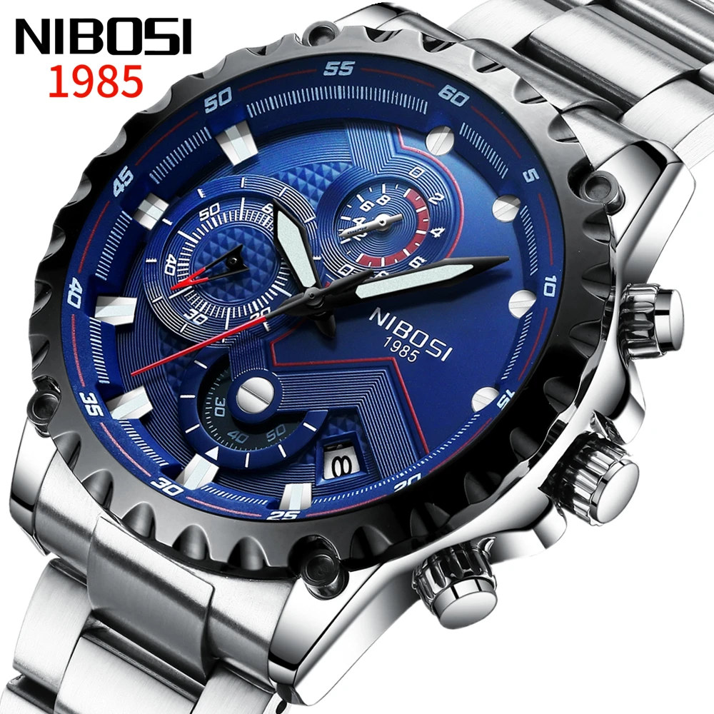 Синий NIBOSI Для мужчин s часы лучший бренд класса люкс Спортивные Хронограф