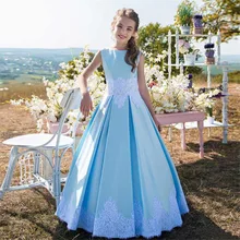 Небесно-голубое сатиновое кружевное платье с аппликацией для девочек, держащих букет невесты на свадьбе; детское вечернее платье без рукавов; праздничное платье для причастия для девочек