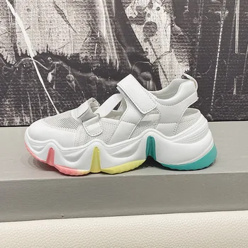 

2020 Summer Women Sandals Rainbow Colorful Mesh Cloth Shoes Ladies Sandals Chunky Heels Open Toe Heels Platform Sandals