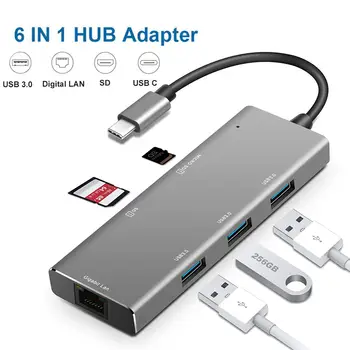 

6-in-1 USB3.0 Hub Adapter Rj45 Gigabit Lan SD Card Port Splitter Type-C To USB 3.1 Laptop Docking Station For Wind 10/ 8/ 7