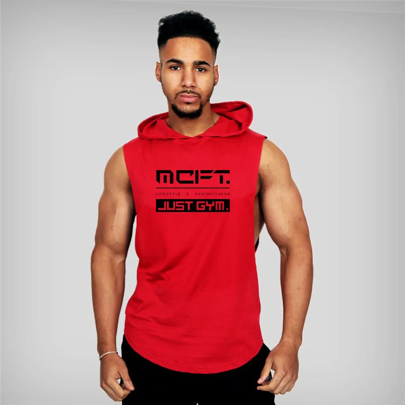 Бренд Just gym, одежда для бодибилдинга, Стрингер, толстовка, майка, Мужская Облегающая рубашка, фитнес, футболка с капюшоном, хлопок, буквы, летние топы - Цвет: red65