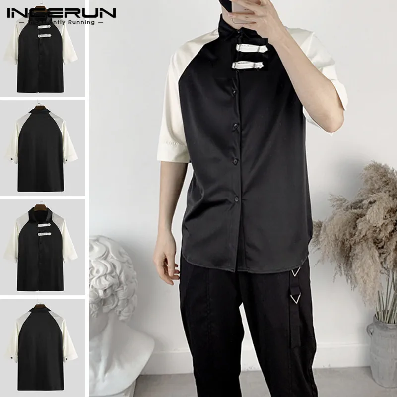 

INCERUN Men's Vintage Half Sleeve Shirts Men White&Black Casual Shirt Short Sleeved Lapel Neck Slim Blouse Male Buckle Clothing