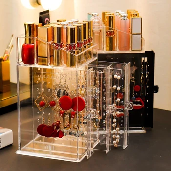 

Transparent Jewelry Storage Box Earring Organizer Double Lipstick Storage Box Display Rack Drawer Necklace Earring Display Case