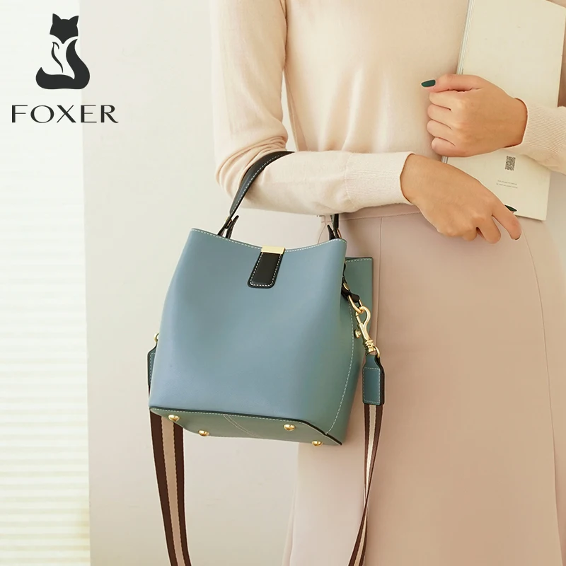 FOXER Cowhide Bucket Bag Lady Messenger Bag Round Women High Quality Stylish Handbag & Totes Elegant Female Bag Large Capacity