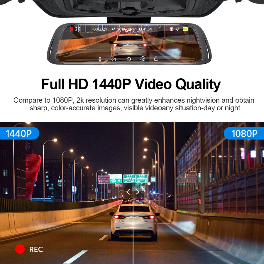 E ACE A42 10 дюймов 2K Автомобильный видеорегистратор зеркальный FHD 1440P регистратор