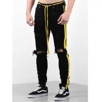 

Men's Fashion Stripe Side Distressed Ripped Slim Fit Jeans Color Block Elastic Skinny Trousers Long Pants