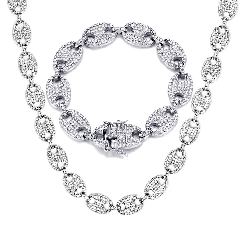 Хип-хоп 1kit Bling Многоцветный кофейные бобы Iced Out CZ Свинья Нос Стразы Шарм звено цепи ожерелья и браслет для мужчин ювелирные изделия