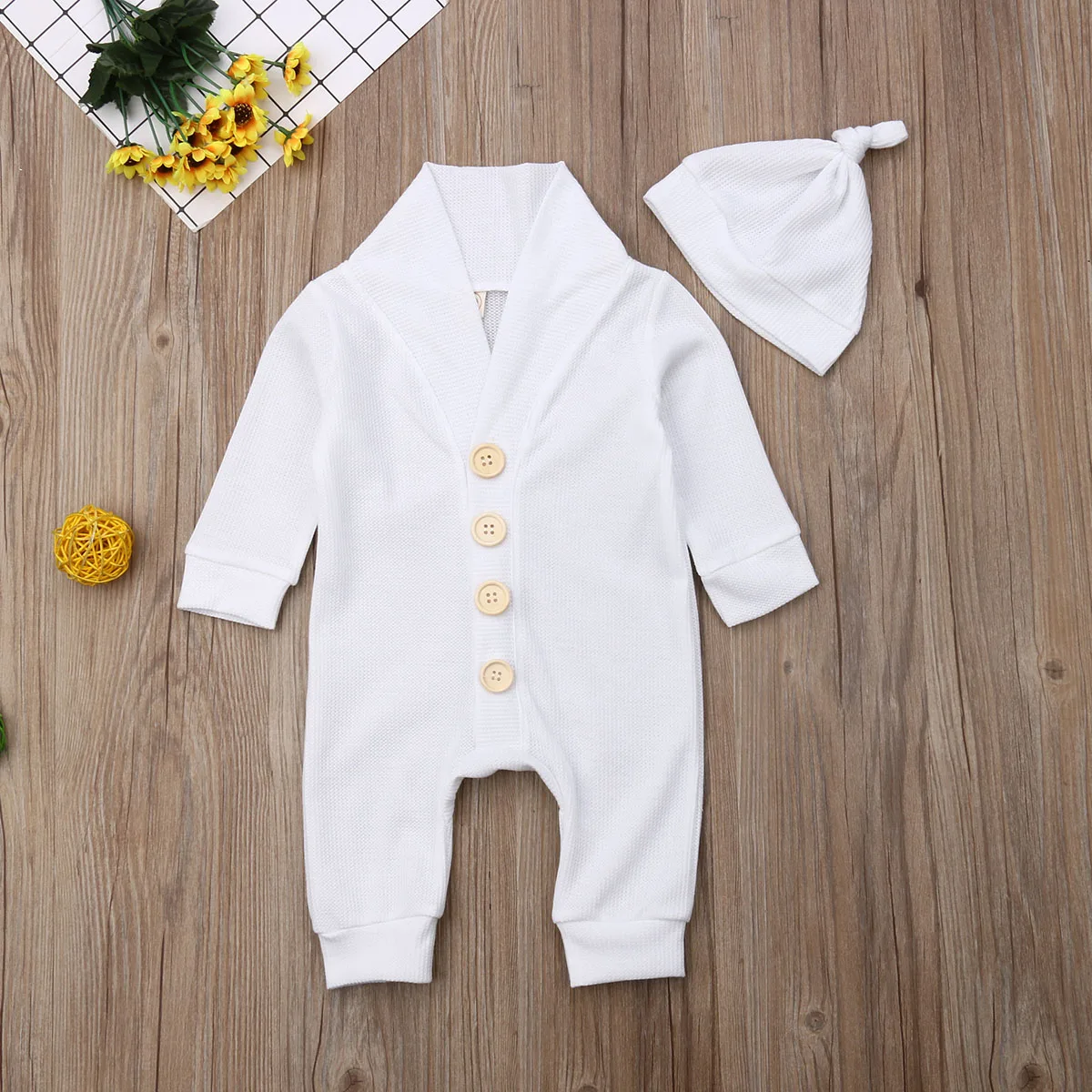 

Emmababy Newborn Baby Boy Girl Clothes Solid Color Long Sleeve Button Romper Jumpsuit Hat 2Pcs Outfits Clothes