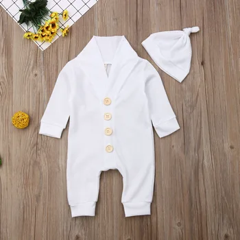 

Emmababy Newborn Baby Boy Girl Clothes Solid Color Long Sleeve Button Romper Jumpsuit Hat 2Pcs Outfits Clothes