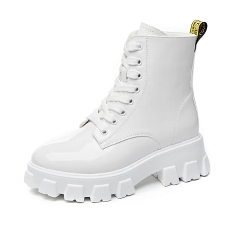 Botas Mujer; коллекция года; женские ботильоны из лакированной кожи; обувь с круглым носком; женская обувь на шнуровке; bottes femme; обувь на среднем каблуке; Zapatos De Mujer; сезон осень