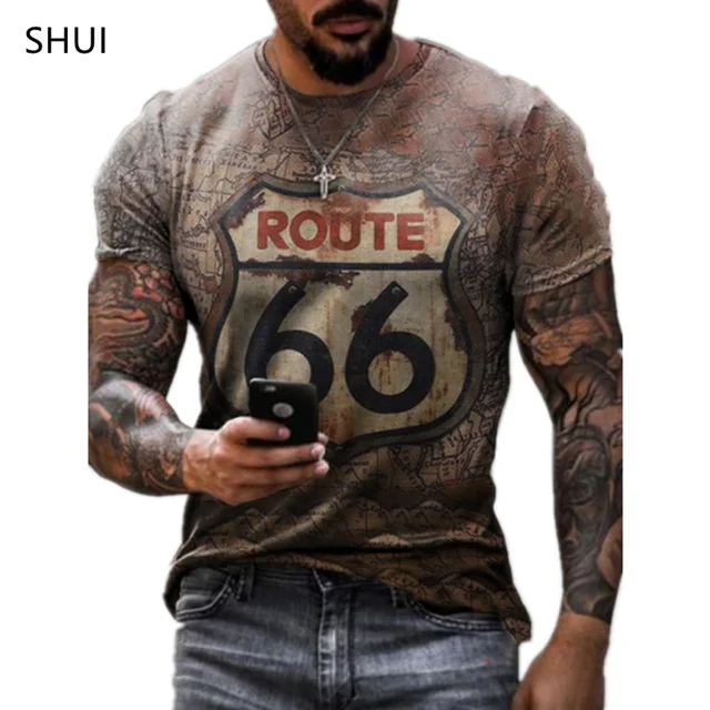 Summer New Mens T Shirts Oversized Loose Clothes Vintage Short Sleeve Fashion 66 Letters Printed O Collared Tshirts Route 66 Men VSVG-3