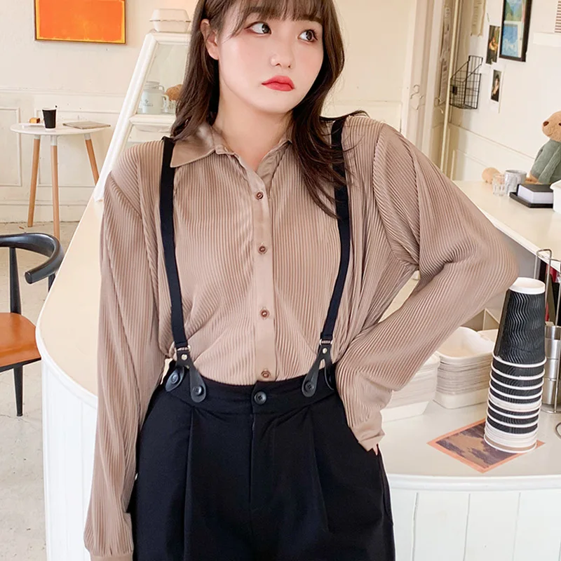 

Korean Oversize Pleated Vintage Blouse Women Plus Size XL-3XL Long Sleeve Loose Khaki Black Formal Shirt For Women Tops 2020