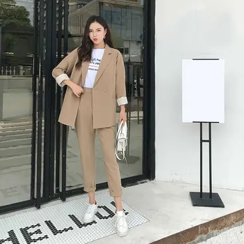 

Casual Solid Women Pant Suits Notched Collar Blazer Jacket & Pencil Pant Khaki Female Suit Autumn 2020 High Quality