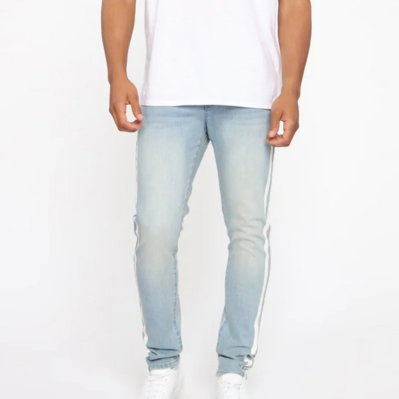 Fashion Striped Solid Jeans Men Zipper Fly Long Jeans Homme Casual Slim Pencil Men Jeans Pants Straight Softener Jean Hombre