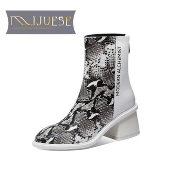 

MLJUESE 2021 women Ankle boot Cow leather Winter short plush Round Toe Mixed Colors Zipper High heels female Riding boot size 40