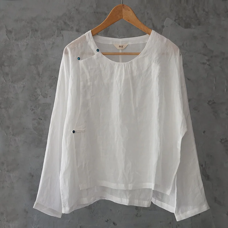 Chinese Style Shirts For Women Button Ramie Blouses Autumn New White Long Sleeve O-Neck Irregular Women Cloths