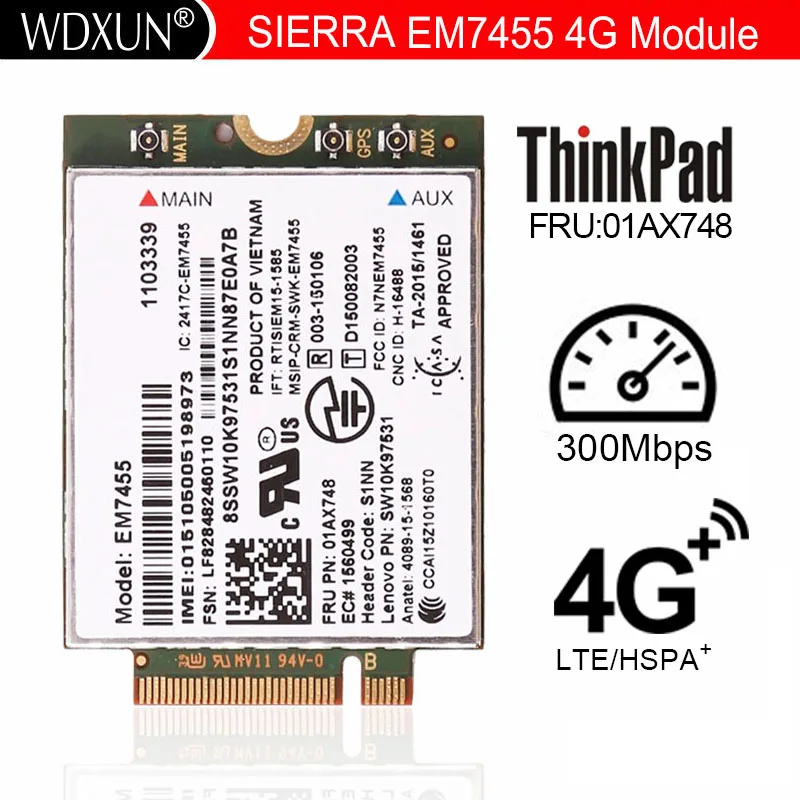 EM7455 FRU 01AX748 LTE 3G 4G Tarjeta de Thinkpad X1 carbono 5th gen X270 T470 T470S T470P t570 L570 L470 P51 P71 4g lte module