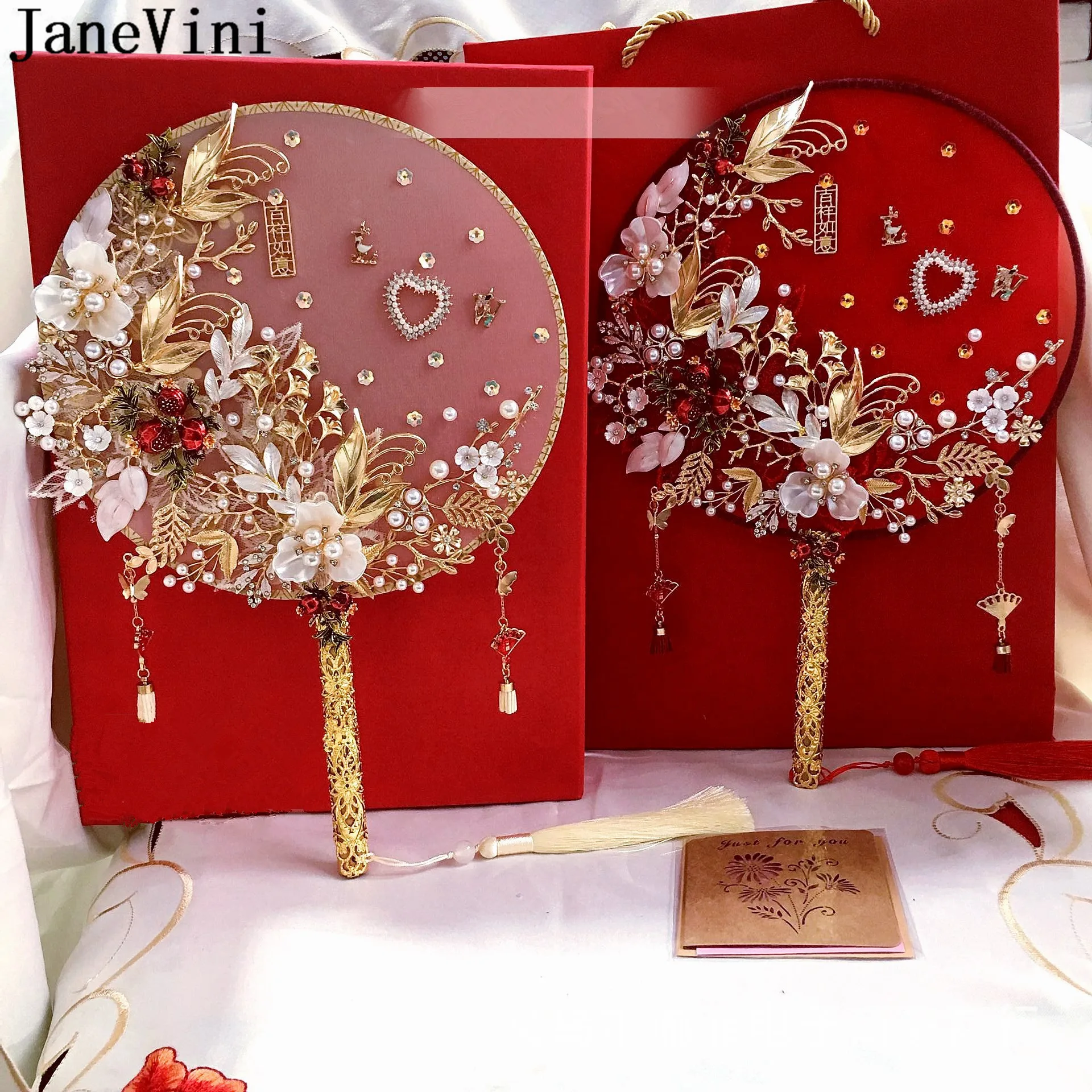 JaneVini 2021 Bruid Handheld Round Fan Ancient Chinese Style Bridal Hand Fan Pearl Jewelry Gold Red Wedding Bride Flower Bouquet
