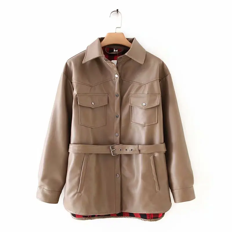 Khaki Осенние брюки цвета хаки из pu искусственной мягкой Босоножки из искусственной pu кожи Женские Длинные рукава Черная байкерская куртка пояса для верхней одежды в байкерском стиле из ПУ искусственной кожи пальто размера плюс - Цвет: Khaki