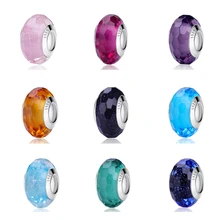 925 пробы, серебряные стеклянные бусины, шармы, подходят для браслетов Pandora, Радужное граненое муранское стекло, шарм, сделай сам, изготовление ювелирных изделий