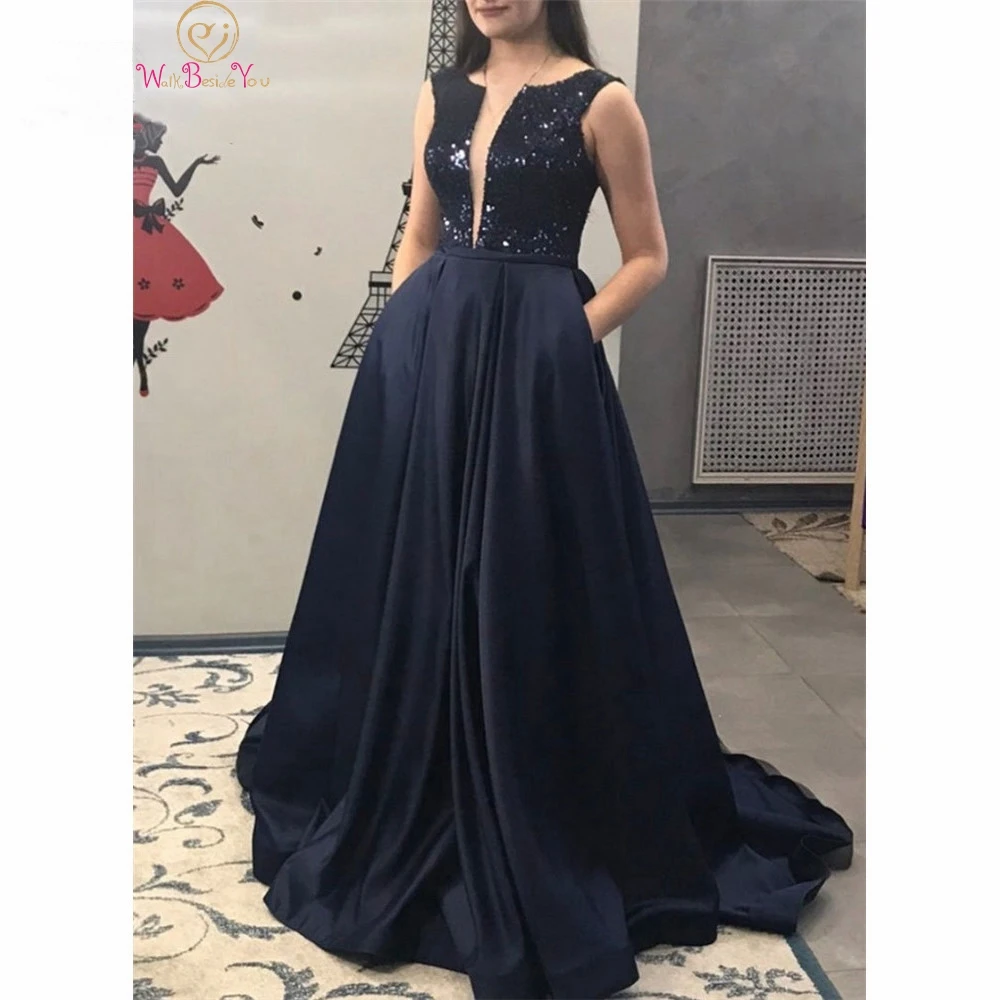 

Navy Blue V Neck Prom Dresses 2019 Satin Sleeveless Floor Length Long graduation A-line Backless Formal Party Long Evening Gowns