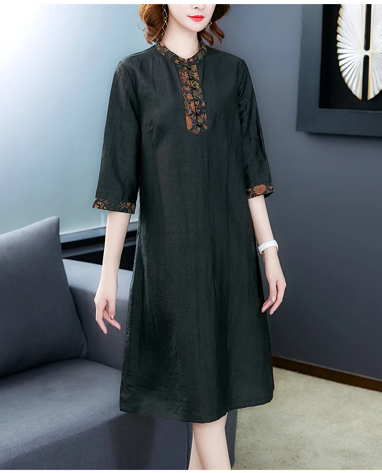 QPFJQD Vintage Solid Ladies Printing Silk Midi Dress Spring Autumn 4Xl Plus Size Black Dresses Women Elegant Party Vestidos