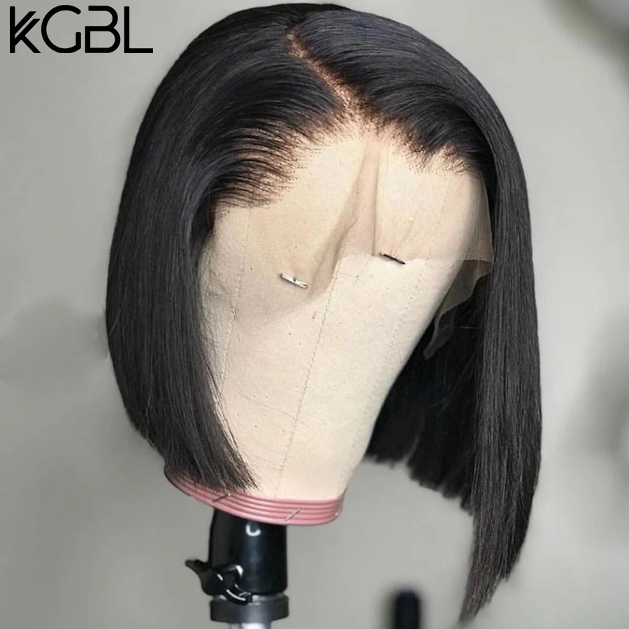 KGBL короткий Боб 13*4 фронта шнурка средний коэффициент "-16" человеческие волосы парики бразильские не-Реми волосы натуральный цвет Предварительно сорванные парики