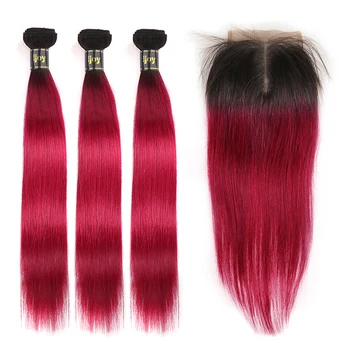 

Human Hair Bundles With 4x4 Closure Brazilian Hair 3 Bundles With Closure Burgundy Red Ombre Straight Bundles Non-Remy IJOY