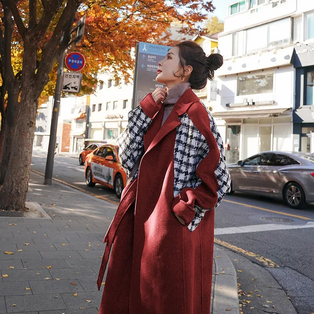 Abrigo rojo de película más Mujer en invierno largo 2020 edición popular  han Costuras holgadas grid cloth coat|Lana y mezclas| - AliExpress
