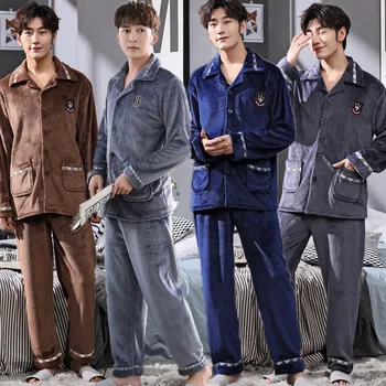 

Winter Thicken Warm Soft Coral Fleece Pajamas Men Long-sleeved Sleepwear Pijama Couple Homewear Nightwear Cardigan Pyjamas
