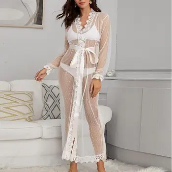 

New Women Sexy patchwork Lace Polka Dot Mesh Belted Robe Beach Gown szlafrok panna mloda халат прозрачный F@