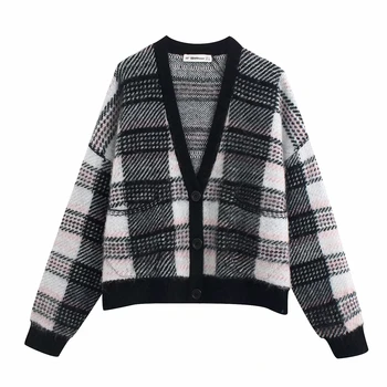 

V Neck Women Sweaters Fashion Plaid Printed Single Breasted Ladies Sweater Women Elegant High Waisted Sweaters Female