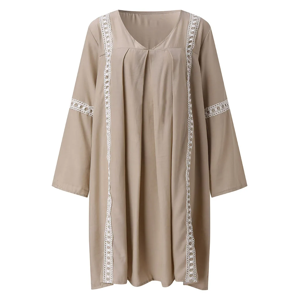 Khaki Модное осеннее женское пляжное платье с v-образным вырезом и кружевами - Цвет: Khaki