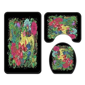 

Pattern Printing Shower Curtain High-quality Floor Mat Bathroom U-shaped Mat Combination Set Toilet Seat Washer Carpet