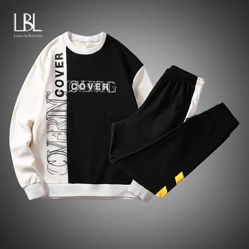 

Japan Anime Patchwork Men Sweatshirt Hoodies Set 2020 Spring Autumn Tracksuit Casual Loose Fit Hip Hop 2pcs Set Fashoin Pullover